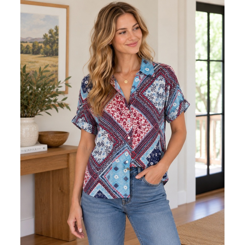 NWT! City Blues by Koret Women's L Cotton Bandanna Print Blouse Shirt Top